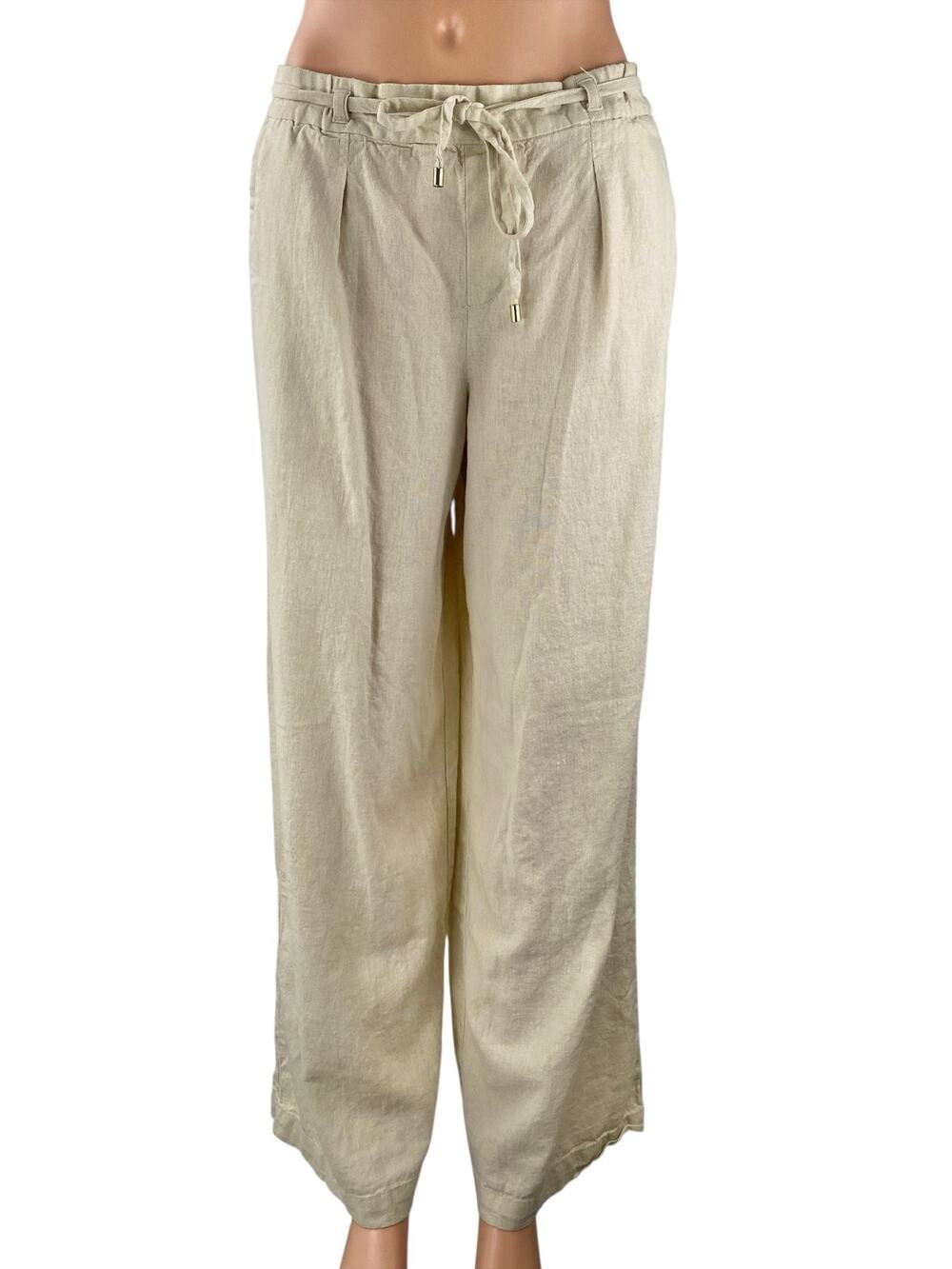 Zara Women's Beige Linen Drawstring Pleated Wide Leg Baggy Trousers Pants Size S